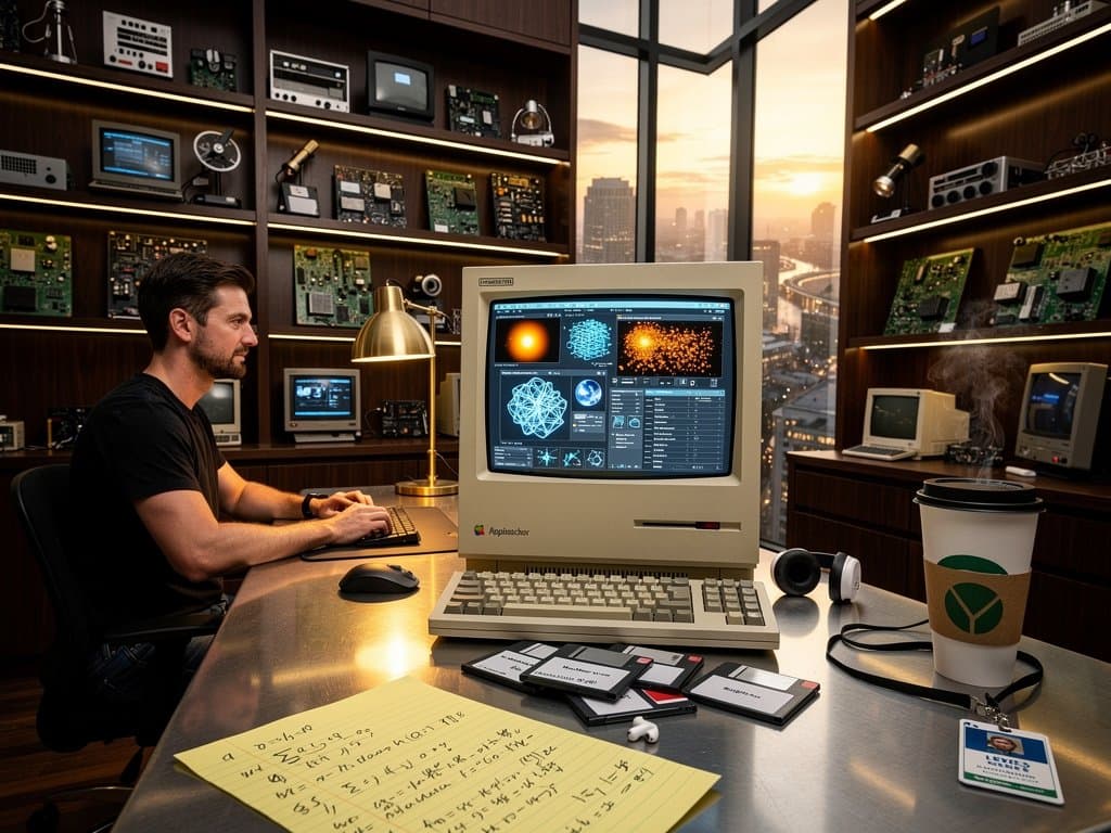 1989 Macintosh SE/30 displaying MacMind HyperCard AI transformer neural network stacks with attention matrices and text output on retro desk setup