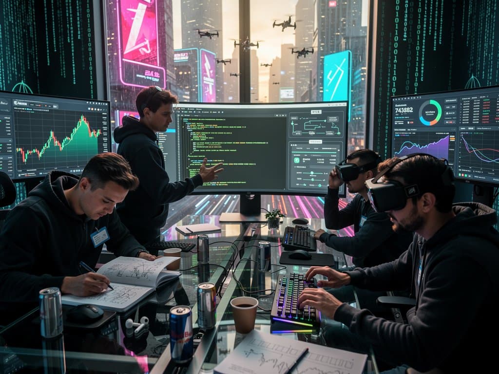 Holographic screens of AI-generated web code and crypto charts in futuristic fintech workspace