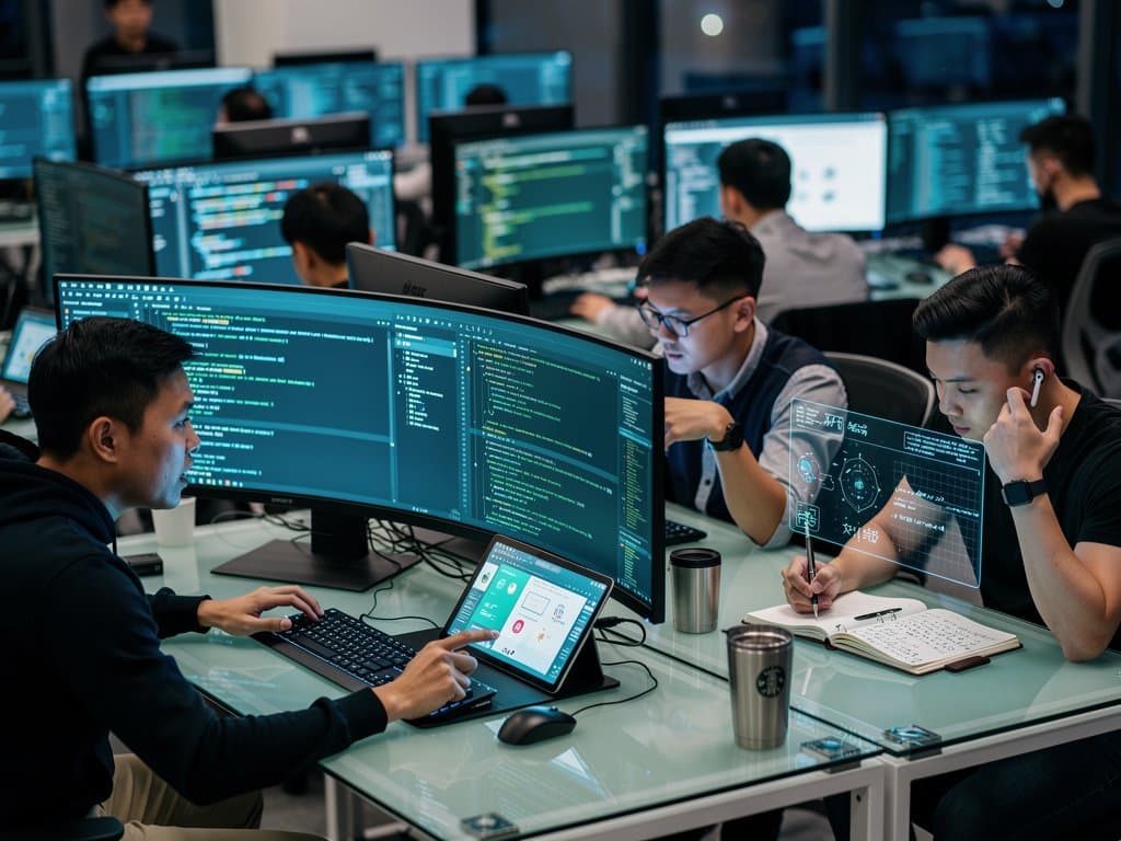 Alibaba Cloud lab with developers using Qwen3.6 agentic AI for web coding amid servers and crypto charts