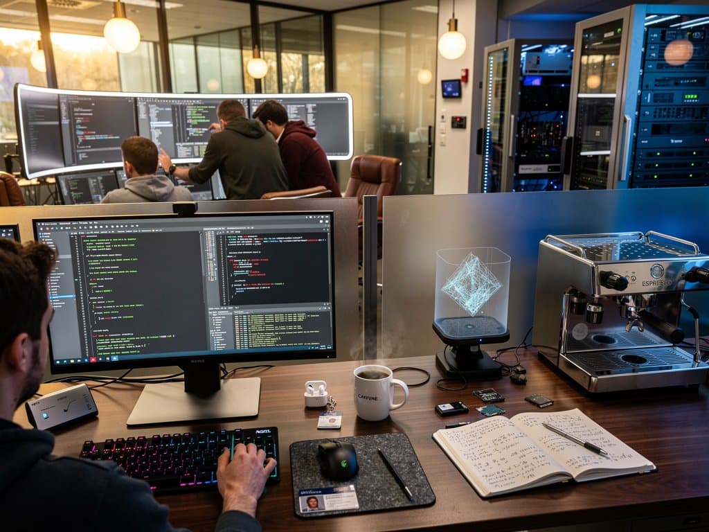 High-tech lab desks with monitors showing Git repos, AI code diffs, version control amid modern workspace elements