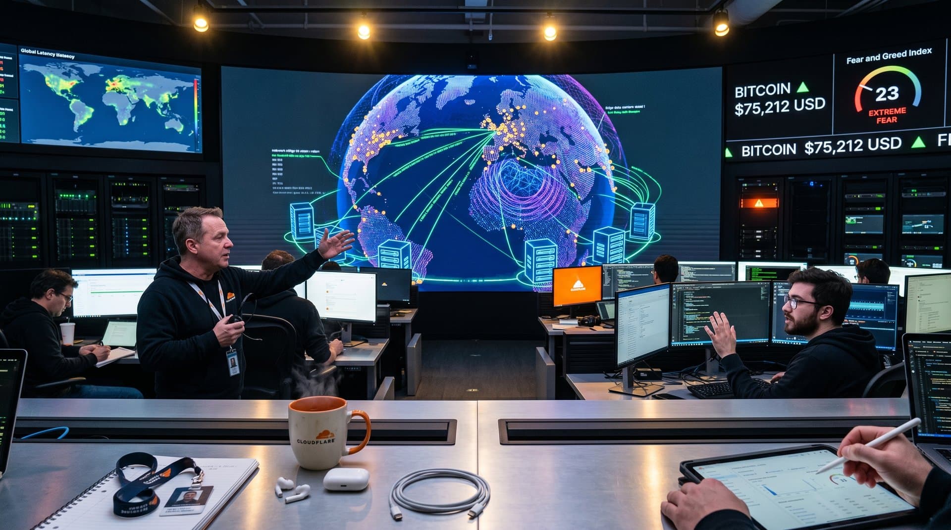 Glowing neural networks on global edge map showing Cloudflare AI inference, BTC price ticker, and Fear Index gauge