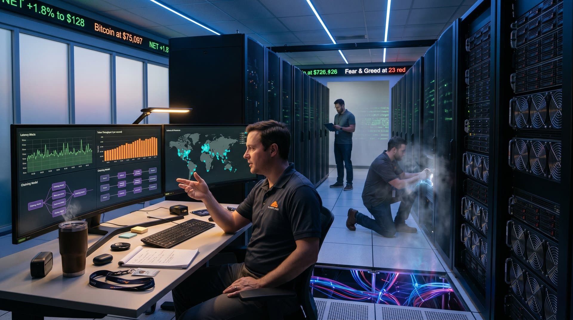 Vibrant data center with exposed fiber optic cables, GPU server racks, AI inference metrics on monitors, and cooling systems in action