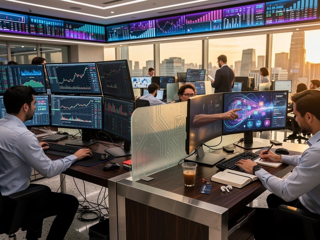 Abstract fintech trading floor with Git-integrated AI code, crypto charts on multi-monitor setups