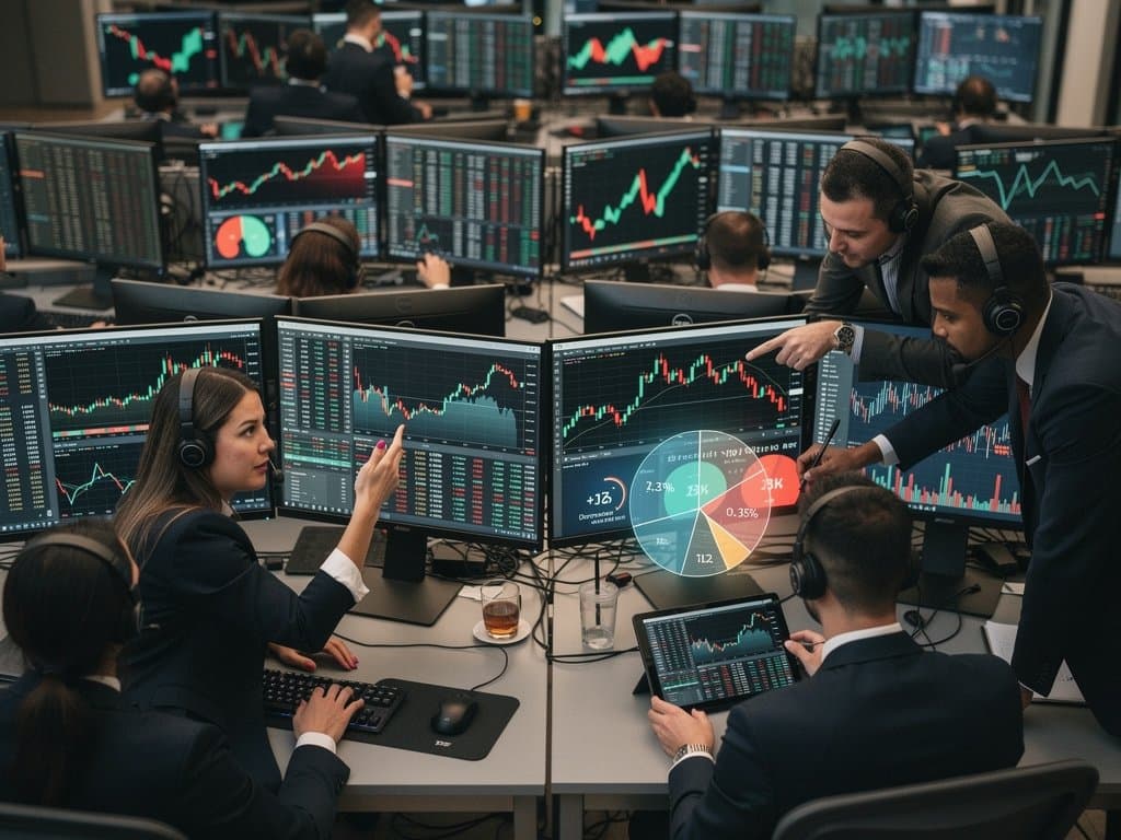 Trading floor screens show BTC at $74,997, Fear 21 index, altcoin charts amid professional finance environment