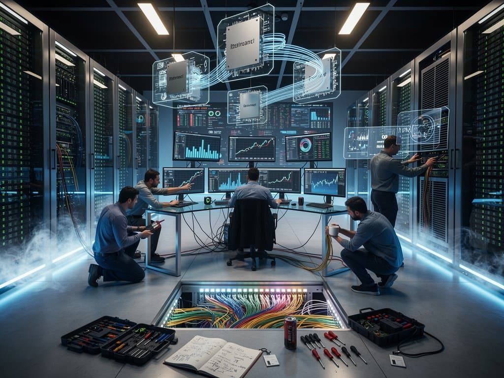 Engineer inspecting cables in data center with AMD AI GPU servers and monitoring dashboards