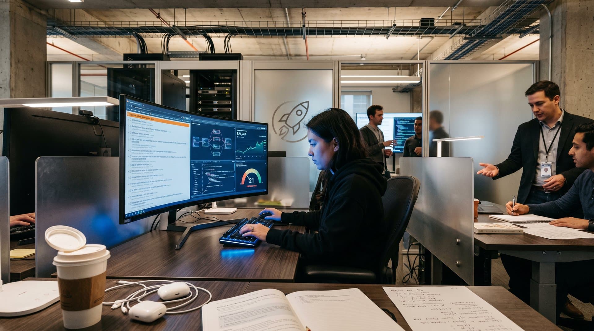 Hacker News screen showing Kampala YC W26 API tool launch with charts and code diagrams