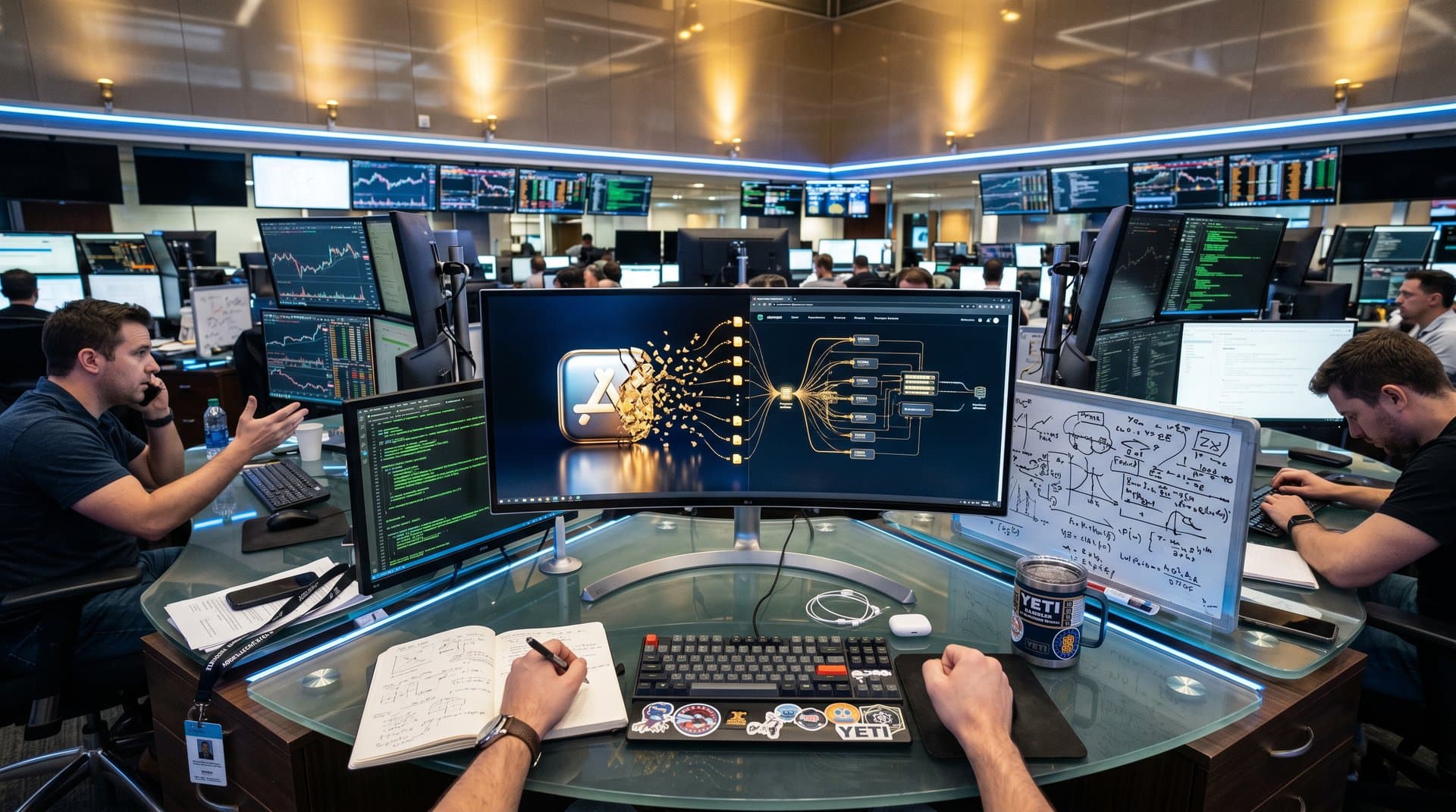 Abstract visualization of app transforming into API endpoints on developer dashboard with YC and crypto elements