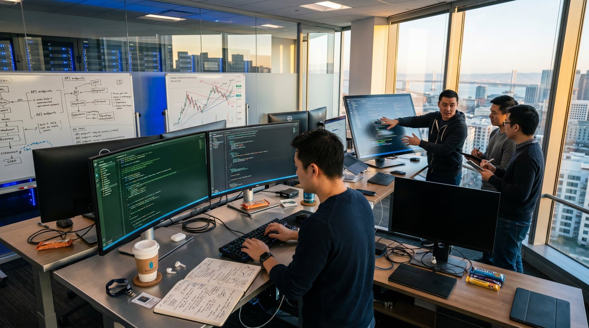 High-tech office with monitors showing AI-generated code, touchscreen demos, server racks, and whiteboards amid Bay Area skyline