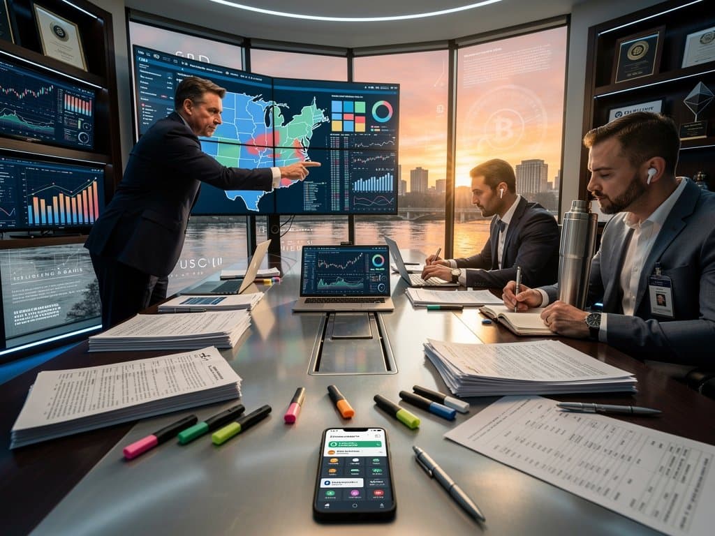 Team analyzes Ohio election maps with crypto and betting donation data in modern strategy room overlooking city skyline