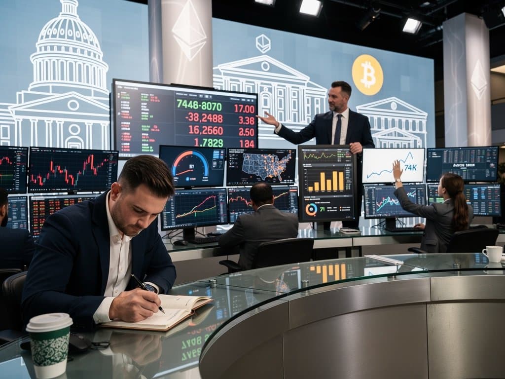 Trading screens display BTC at $74K and Ohio political race donation flows from crypto and betting sectors amid market volatility
