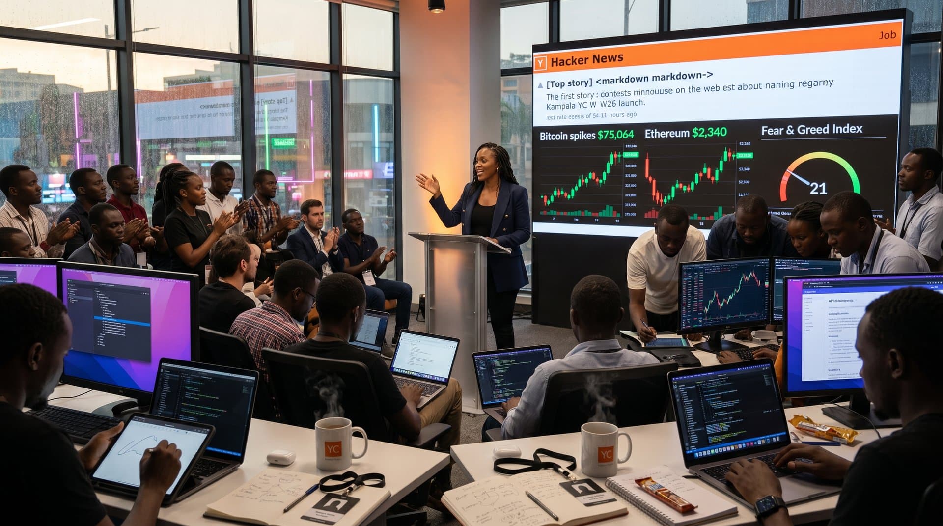 Abstract visualization of Kampala YC W26 reverse-engineering web apps into APIs with BTC chart