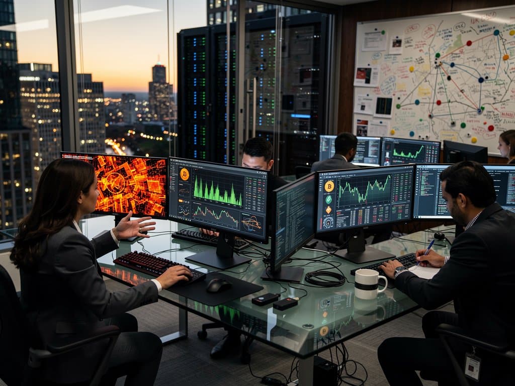 Analysts at glass desks with multi-monitors tracking blockchain transactions in a modern Chicago cybersecurity ops center