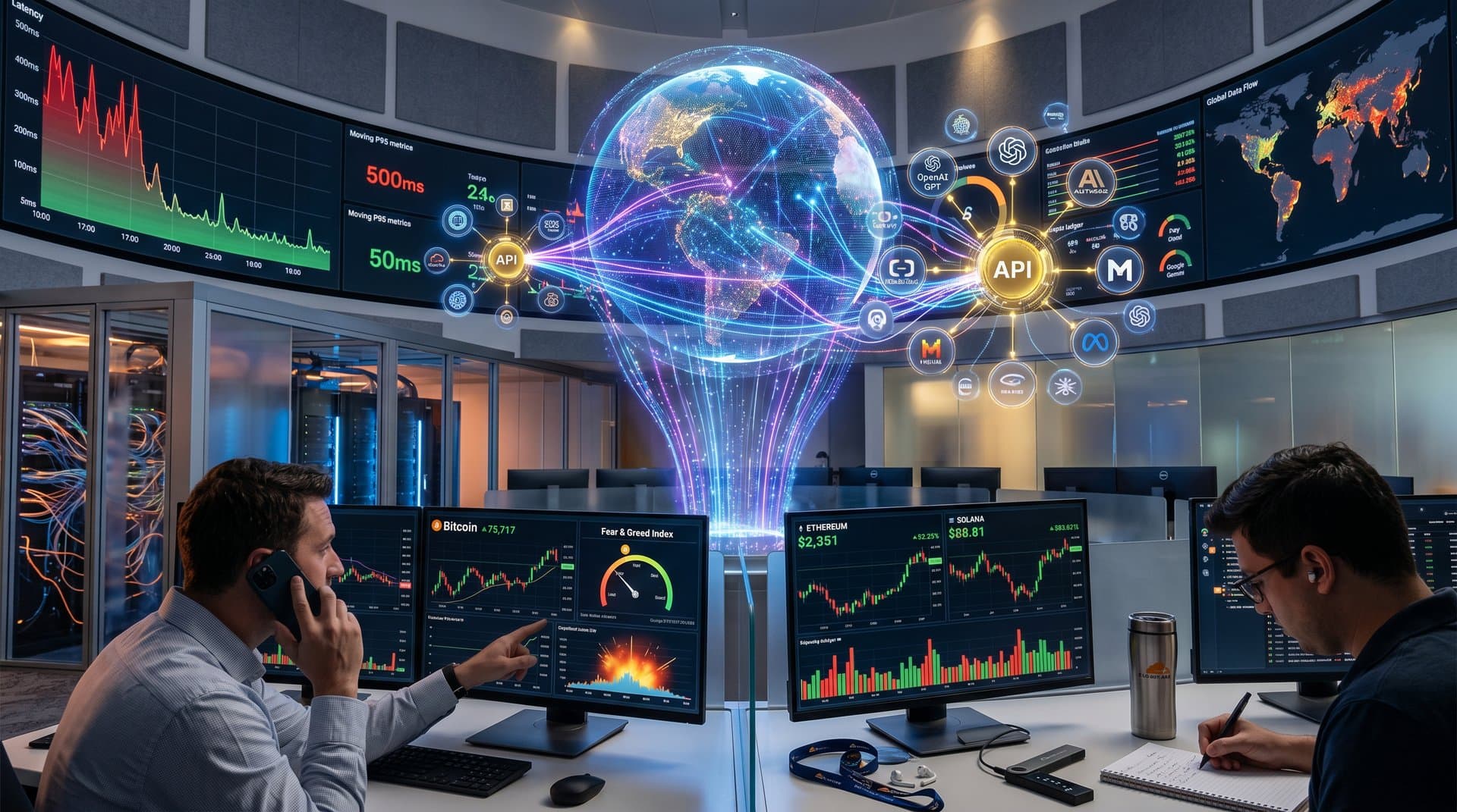 Abstract Cloudflare edge network with AI model icons, latency graphs dropping to 50ms, and crypto market charts in neon style