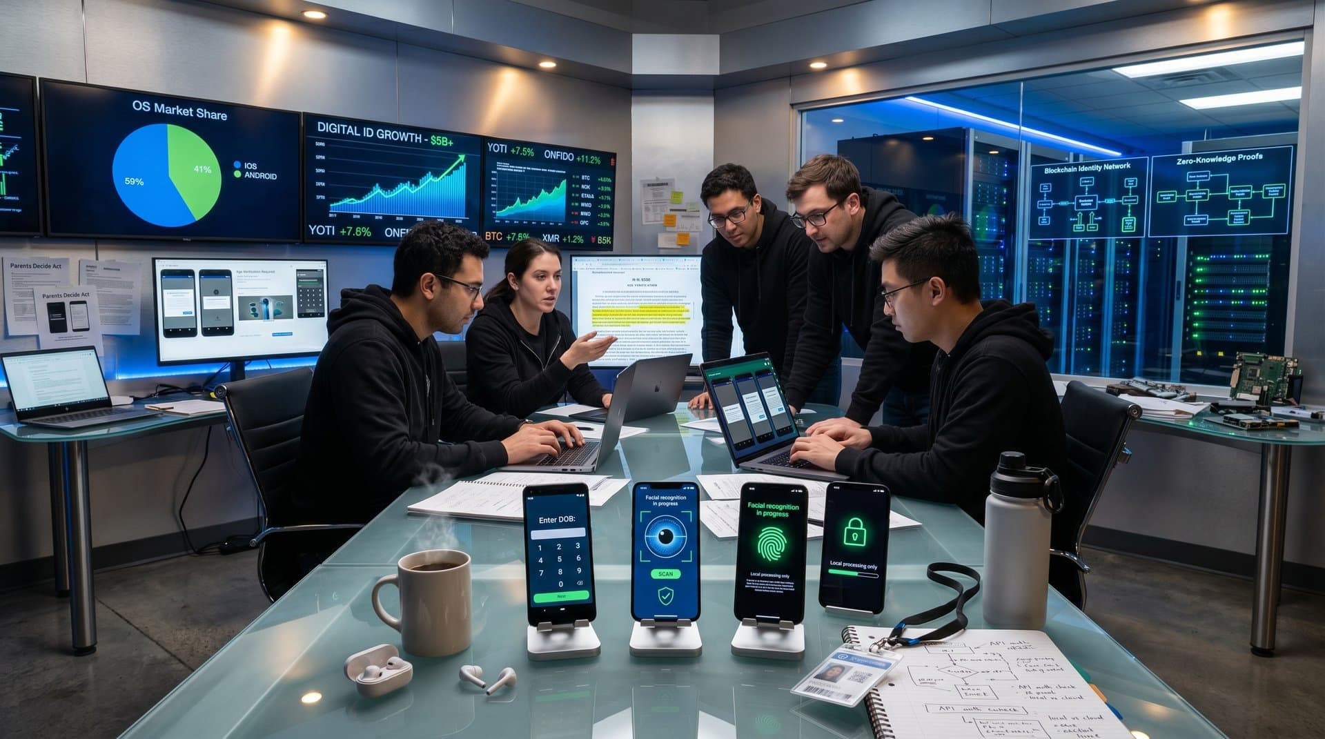Tech lab with prototype phones showing on-device age verification UI amid monitors and regulatory holograms