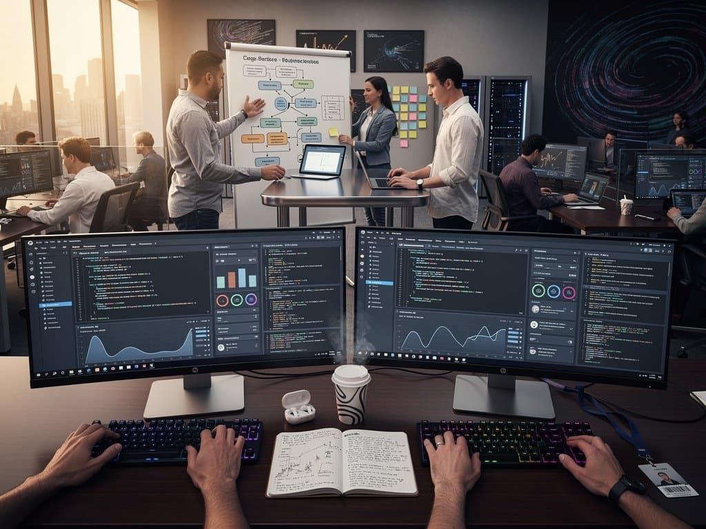 Developers at desks with monitors showing Discourse code and security scans in bright tech office