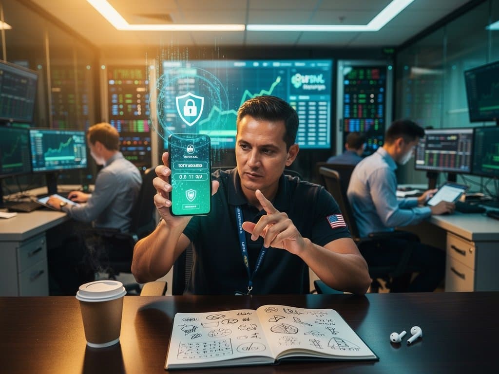 Holographic smartphone interface displaying on-device age verification with privacy shields and financial stock charts in background