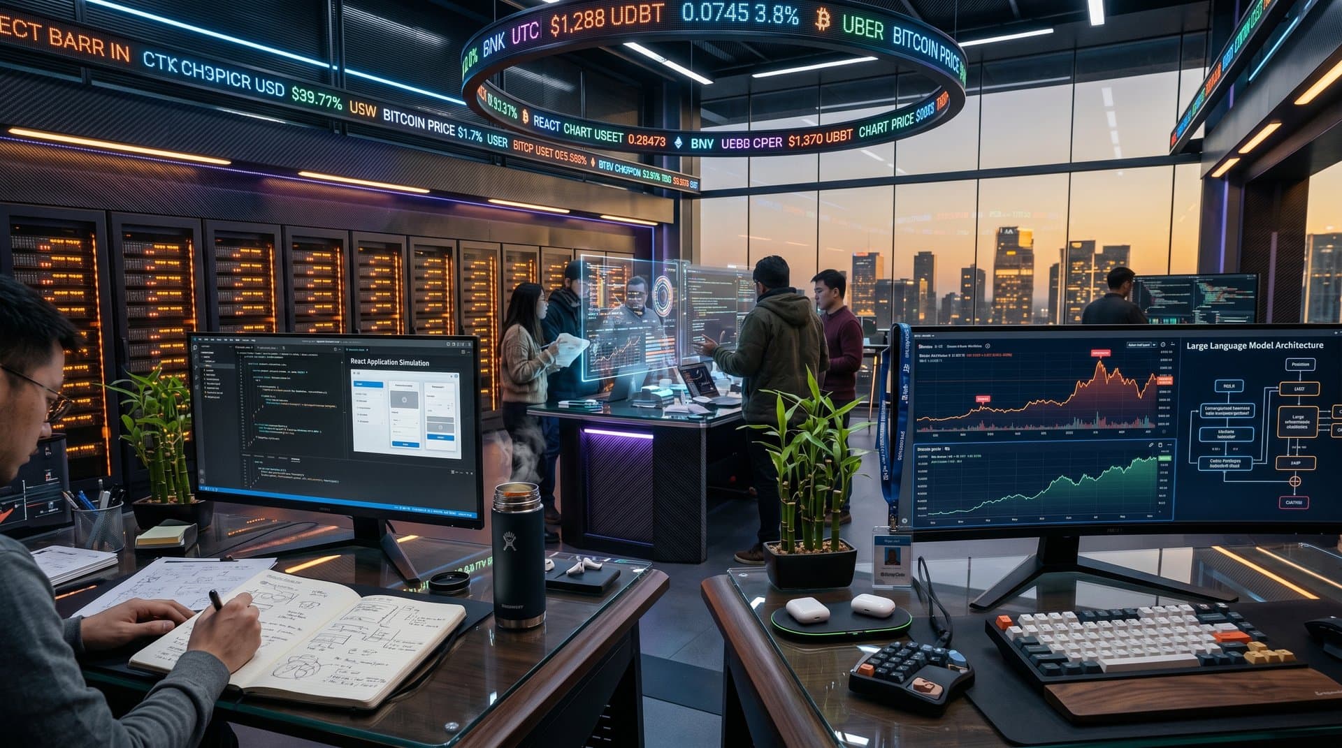 Abstract scene of Alibaba Qwen3.6-35B-A3B agentic AI coding workflows with crypto market charts and high-tech lab elements