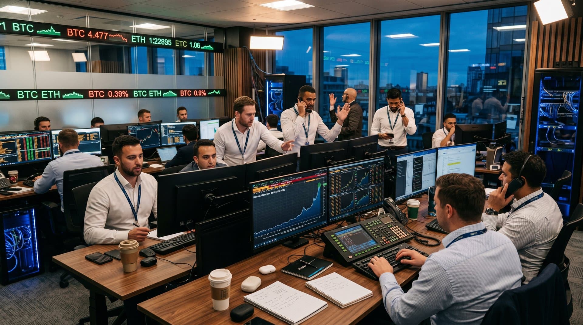 Trading floor screens show BTC at $77K, Fear & Greed at 21, crypto charts under modern office lighting