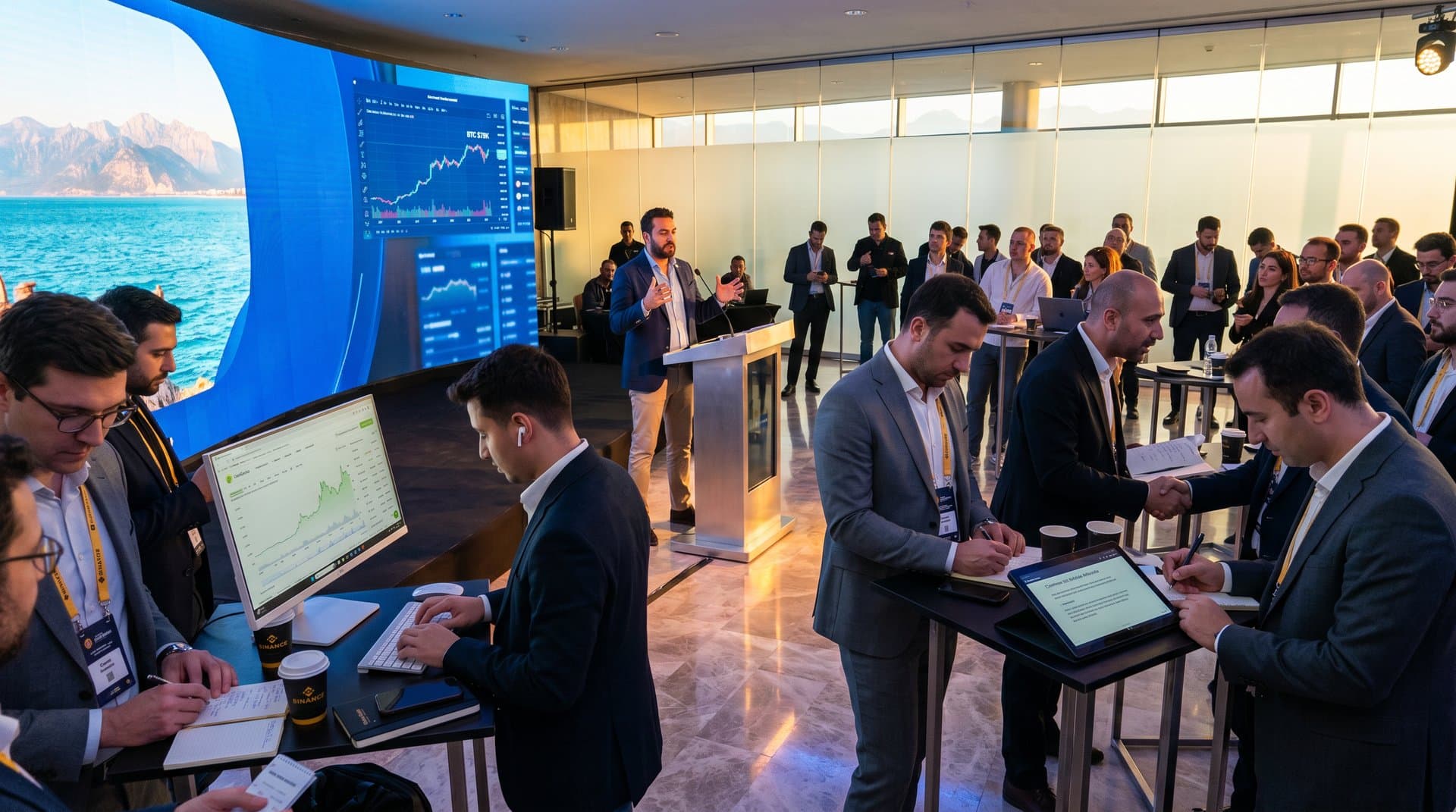 Executives networking at upscale Antalya conference hall with LED crypto screens, sea views, monitors, and branded cups amid blockchain event buzz