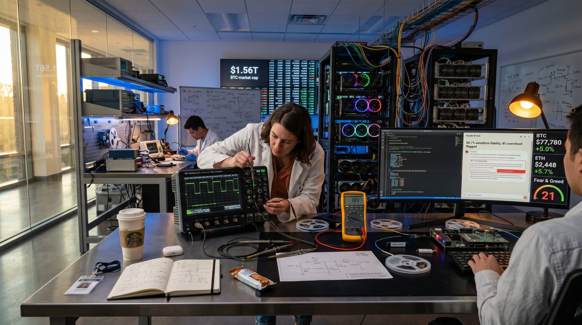 LeCroy oscilloscope displays SPICE waveforms with Claude AI verification screen and BTC charts in modern lab