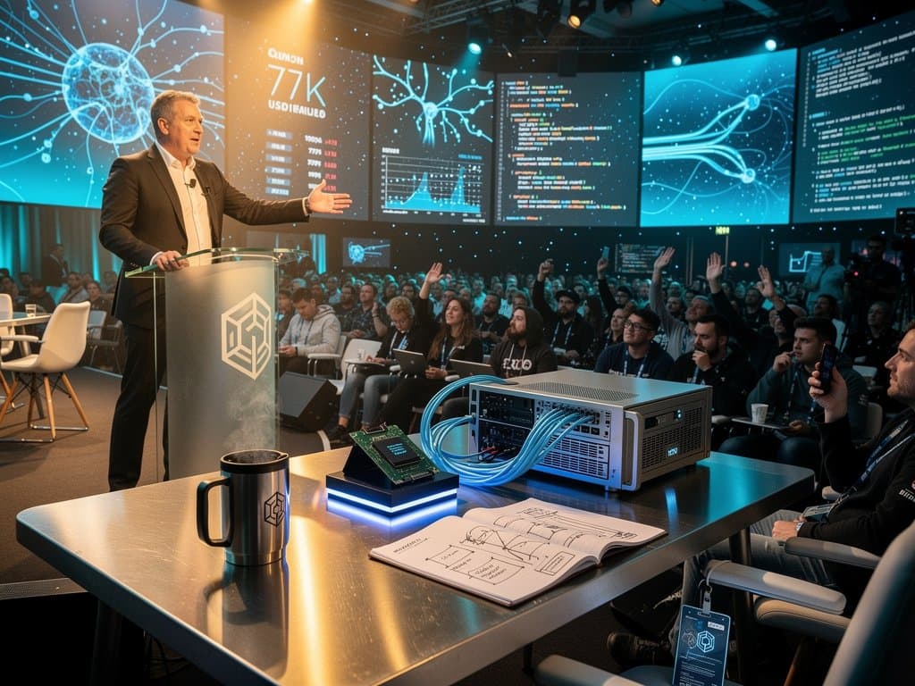 AWS lab with Nova Forge SDK code, crypto charts, and AI data mixing visuals on monitors in modern tech space