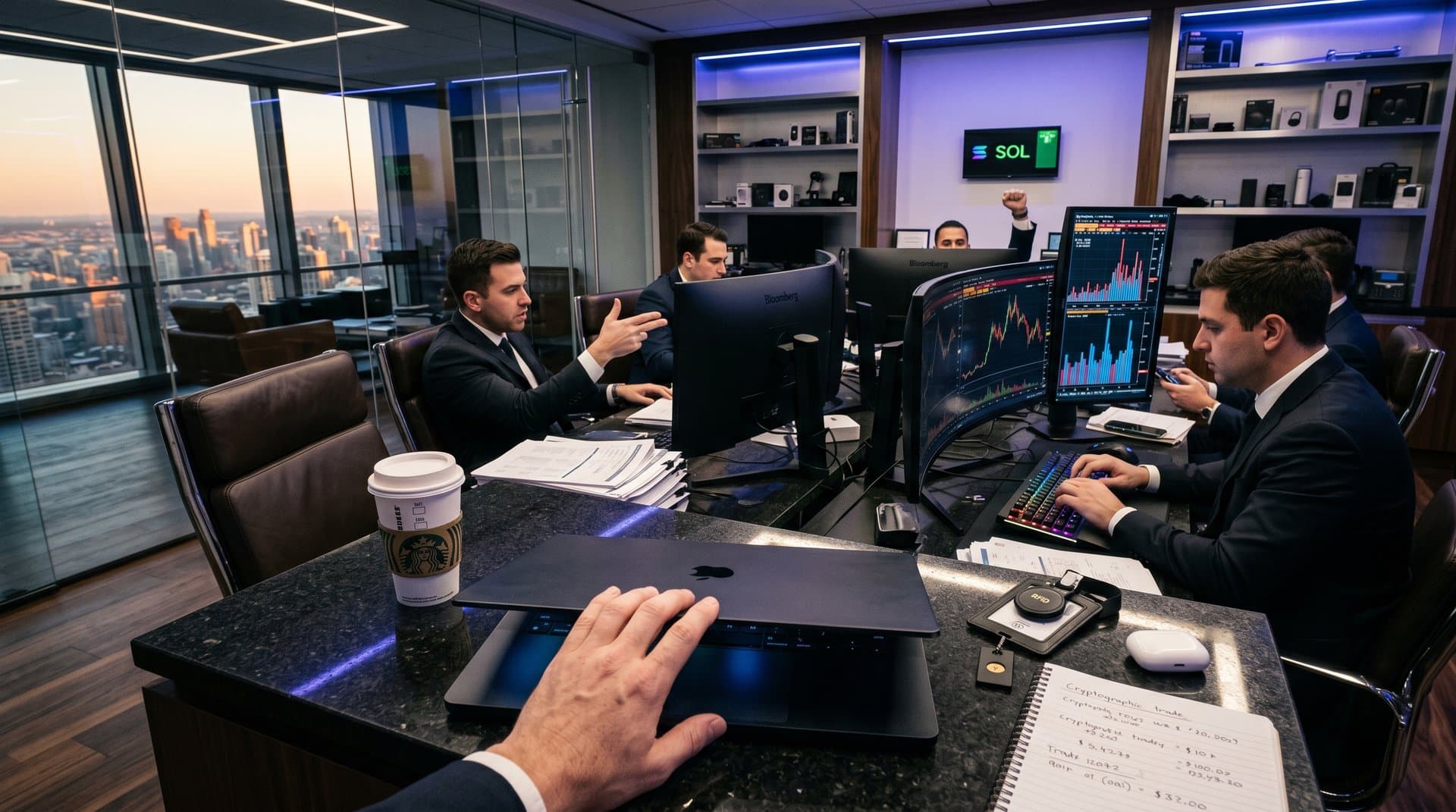 Hand closing MacBook lid on trading desk with Bloomberg terminals and crypto charts