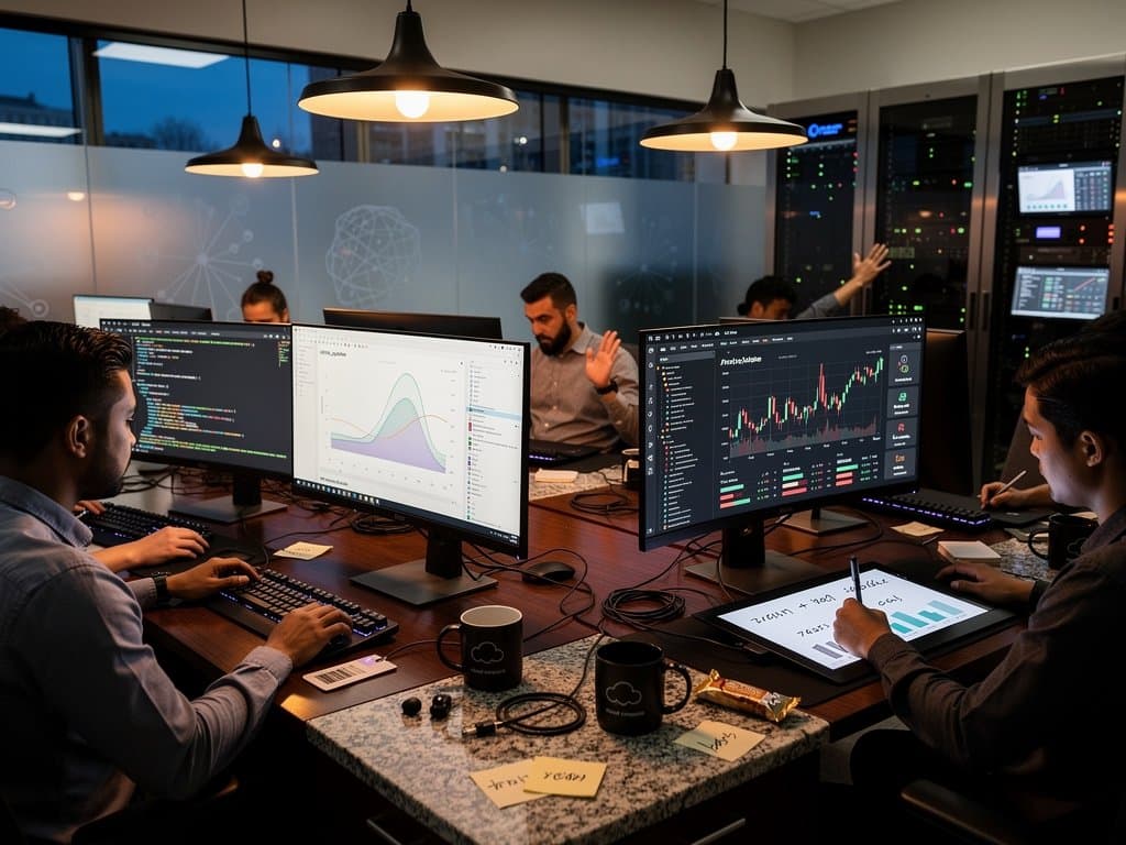 Modern AI lab with monitors showing Nova SDK code, data mixing charts, BTC visuals, and financial dashboards