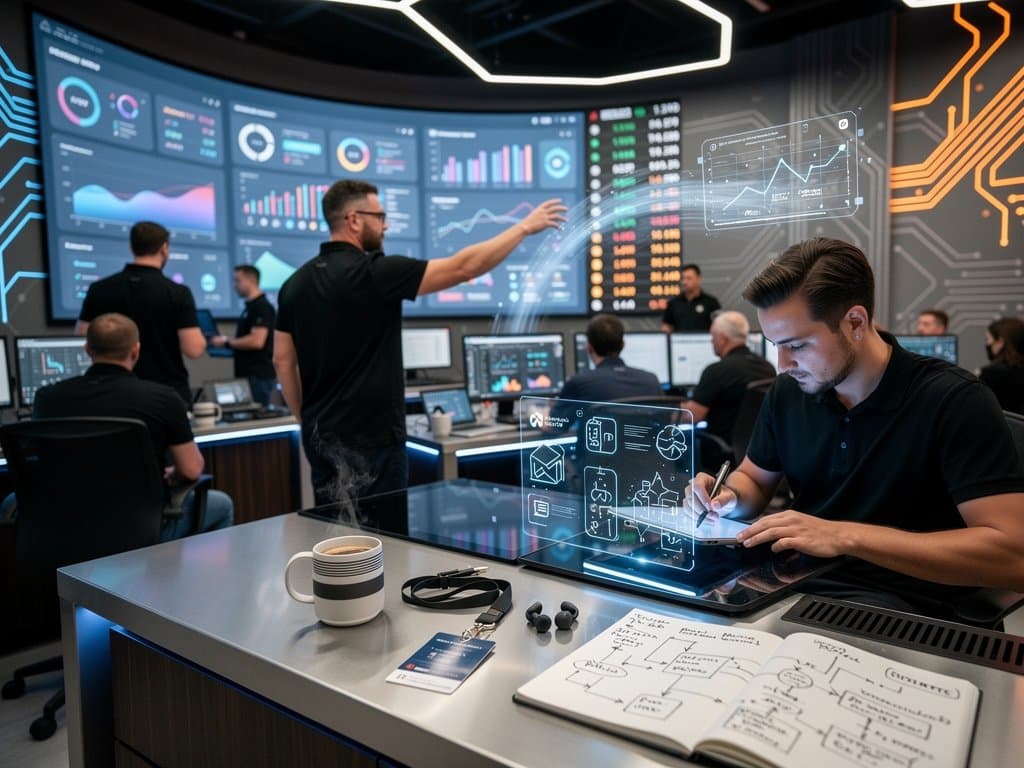 AWS command center screens showing agentic AI marketing workflows, 90% time savings graphs, and financial ROI charts