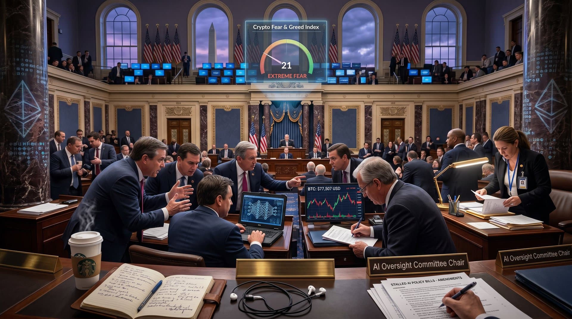 U.S. Capitol chamber with AI policy documents, crypto charts, and Fear Index display amid resignations