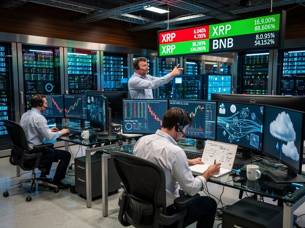 Crypto data center with blockchain charts, Fear & Greed at 21, and Ben McKenzie book amid cloud servers