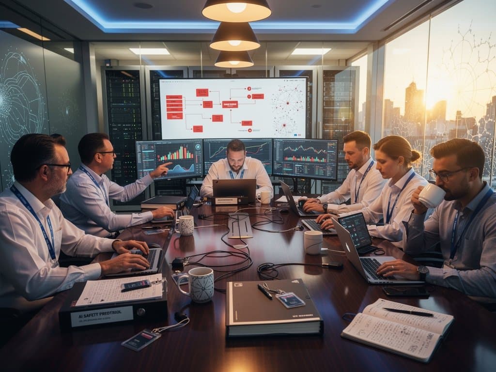 Modern conference room with AI safety documents, monitors showing neural networks and crypto charts