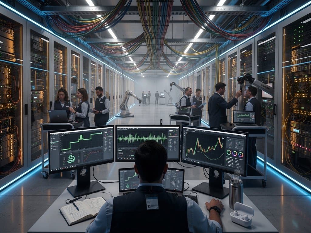 Hyperscale data center with AI server racks, glowing Broadcom Ethernet switches, fiber optic cables, neural network dashboards, and crypto charts
