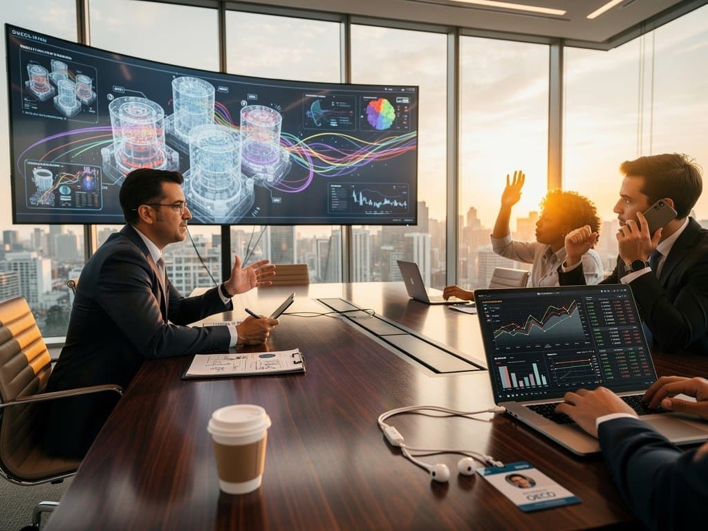 AI neural networks over nuclear reactor models on screen in modern conference room with laptops, reports, and energy charts