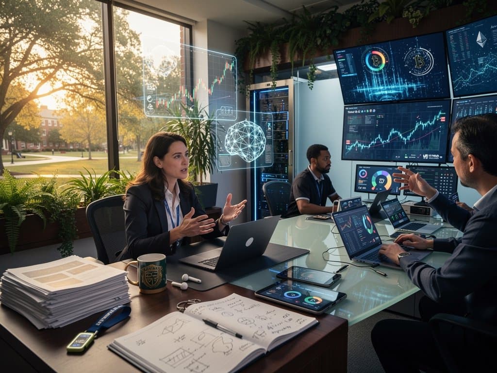 AI lab setup with holographic neural networks, crypto charts on laptop, tablets with dashboards, server racks and campus view