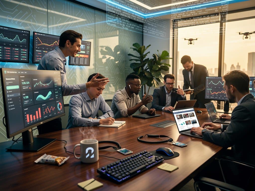 Designers' silhouettes in Anthropic Labs collaborate on AI web prototypes on monitors with financial charts in high-tech office