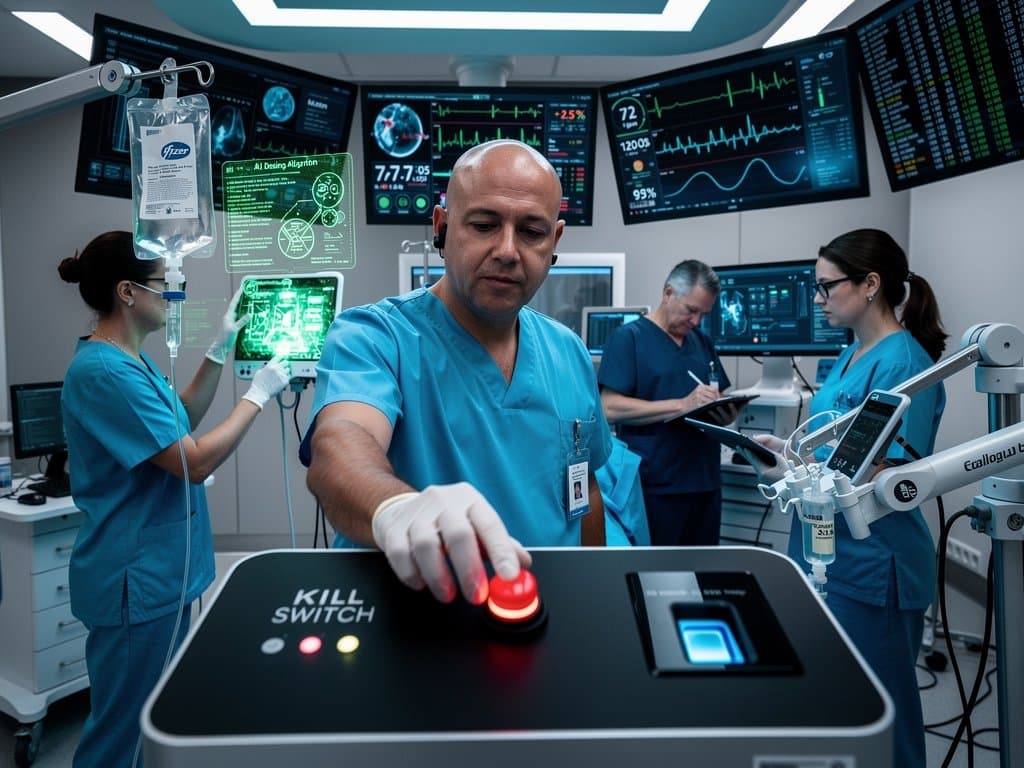 High-tech OR with AI anesthesia kill switch, blockchain logs, and crypto tickers on monitors