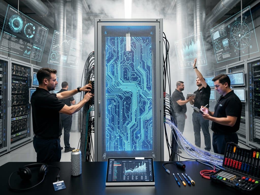 Massive wafer-scale AI chip on server rack in futuristic data center with performance holograms and Nvidia GPUs