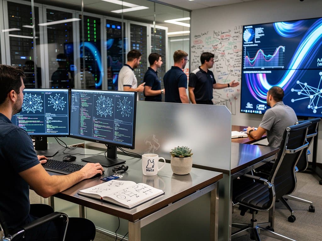AI researchers in modern Meta lab with monitors showing neural networks, collaboration areas with data visualizations and server racks