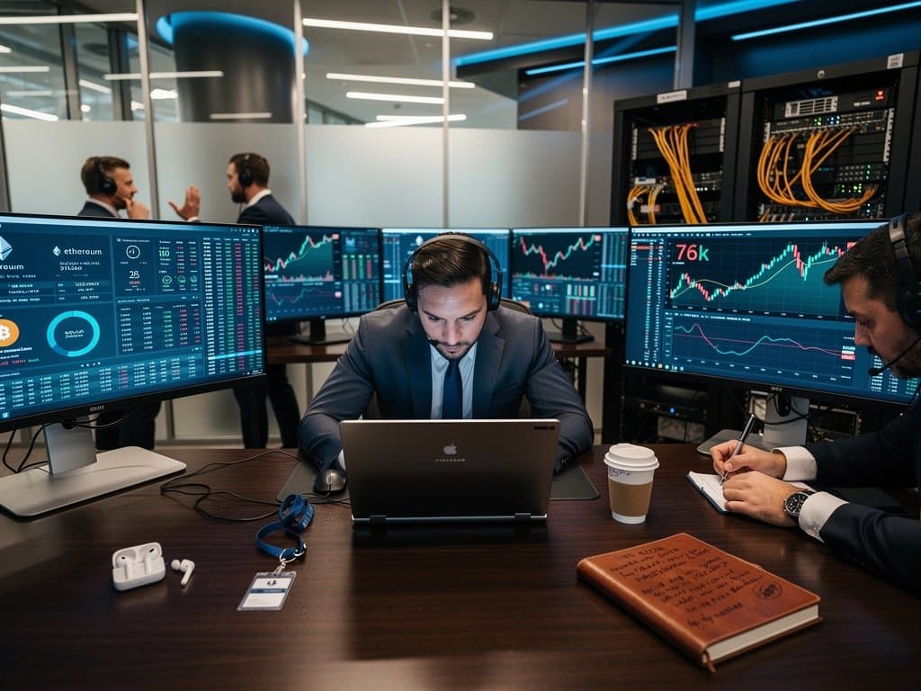 MacBook Pro password screen on trading desk with crypto charts and Bloomberg terminals