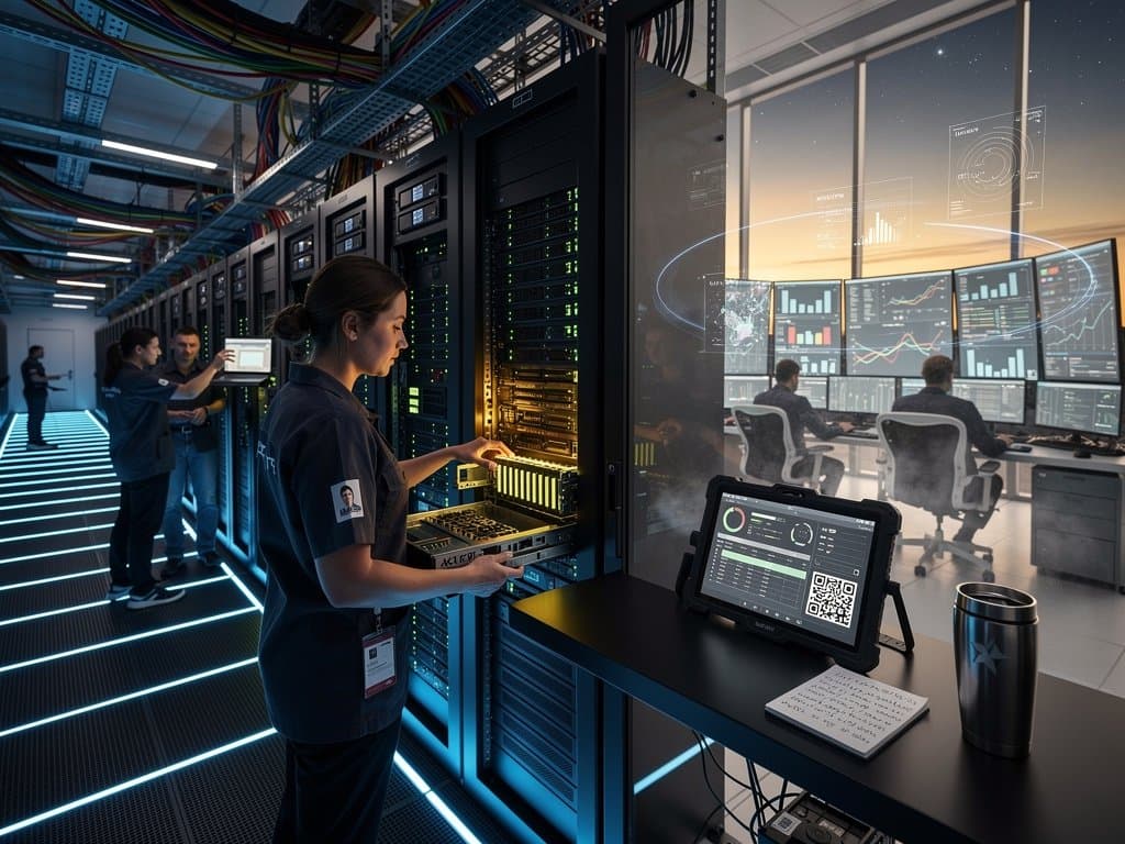 Hetzner AX162-R server in glowing data center racks with tablet showing cloud migration metrics from DigitalOcean to Hetzner, cost savings graphs on monitors