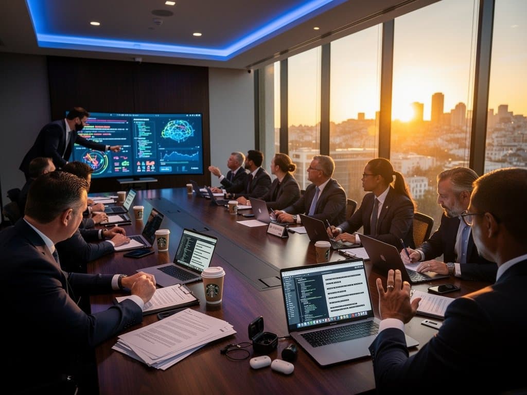 Professionals discuss AI safety in modern conference room with tech visuals, crypto tickers, and city views