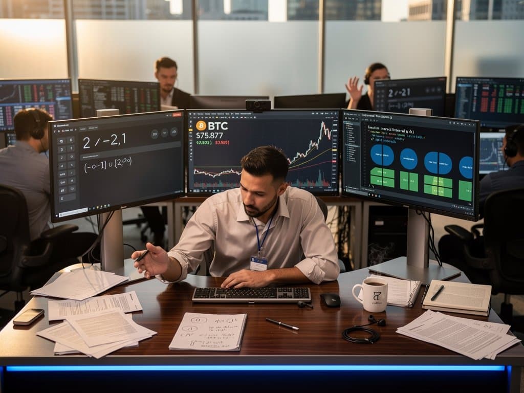 Trading desk screens showing disjoint interval calculator, crypto charts, and code amid financial tools