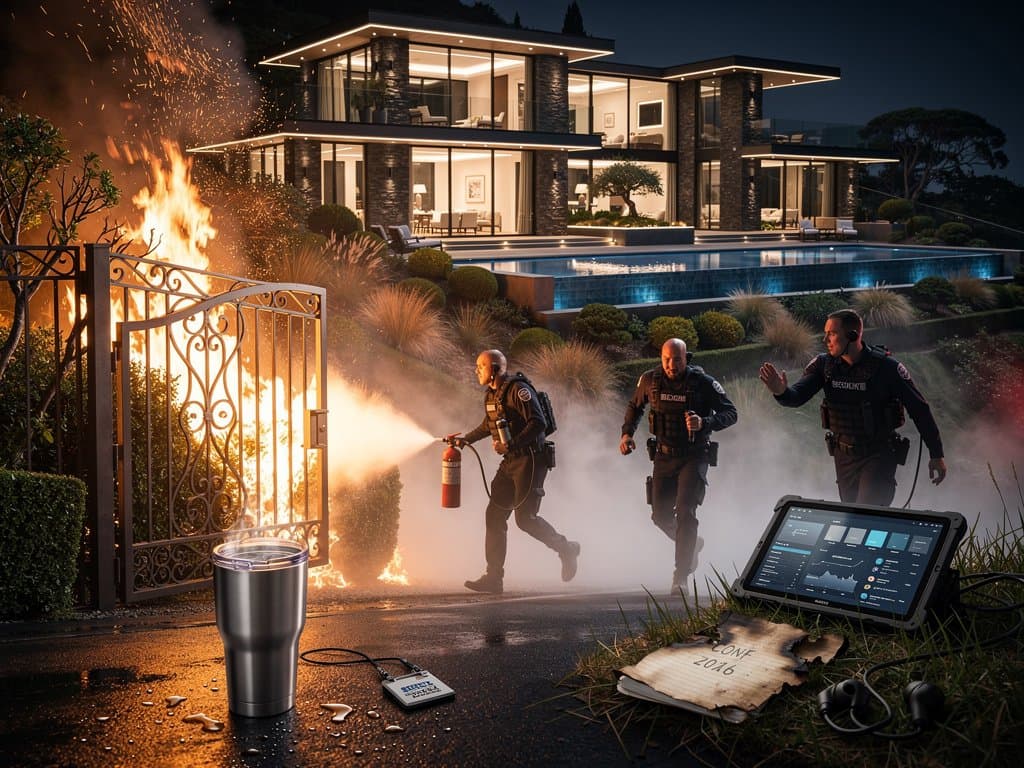 Night scene of gated mansion under Molotov attack with security response and crypto market decline overlay