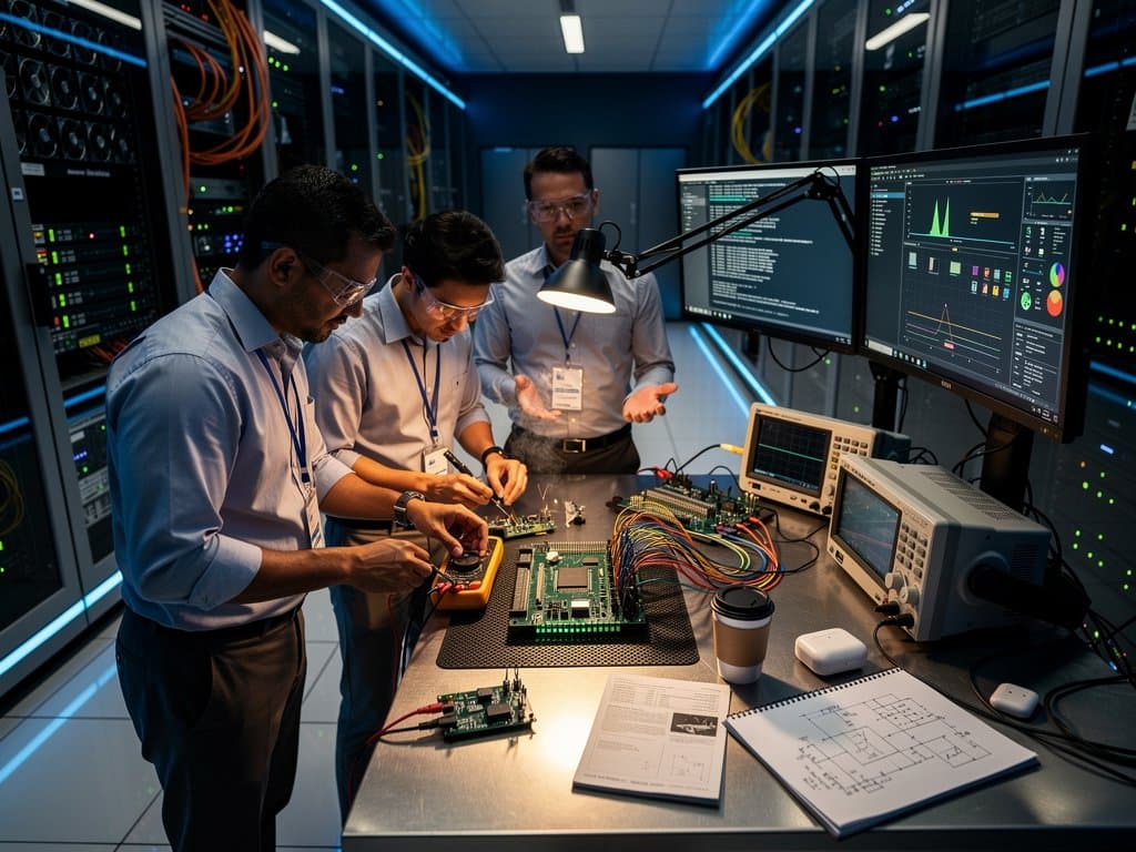 Engineers in Tier IV data center configure RC2014 retro board next to cloud servers and monitors showing Fuzix OS code
