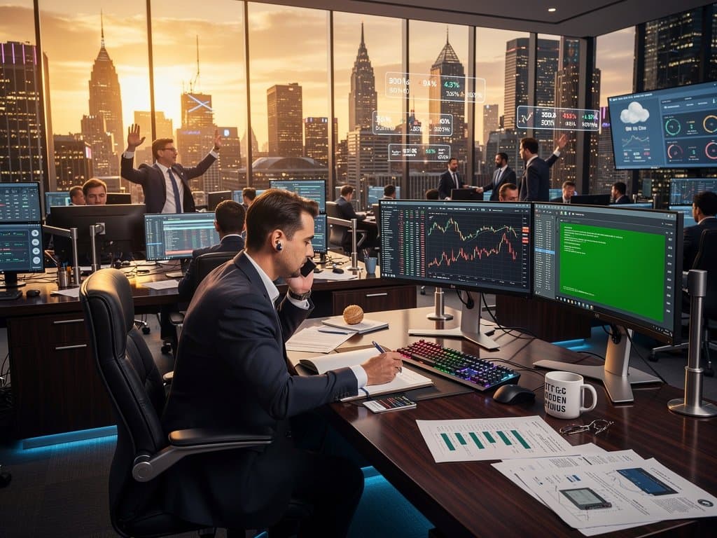 Trading terminals with crypto charts, Fuzix OS retro emulation, and cloud dashboards on modern finance desks