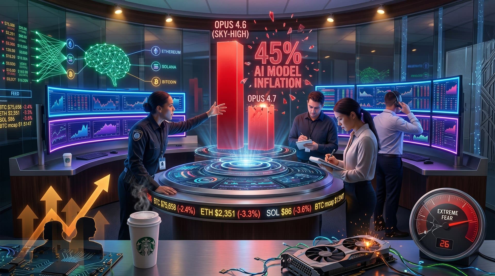 Cyberpunk dashboard with 45% AI model inflation graph comparing Opus 4.6 and 4.7, blockchain nodes, crypto tickers for BTC and ETH