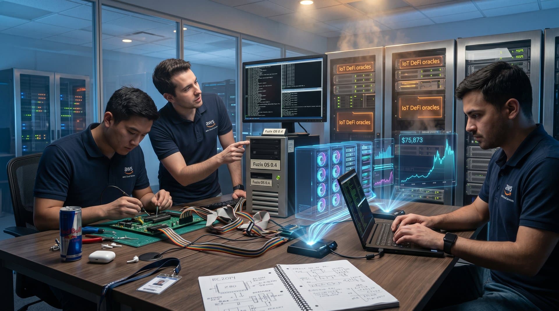 Retro Z80 boards and RC2014 modules integrated with cloud servers displaying Fuzix OS and finance charts