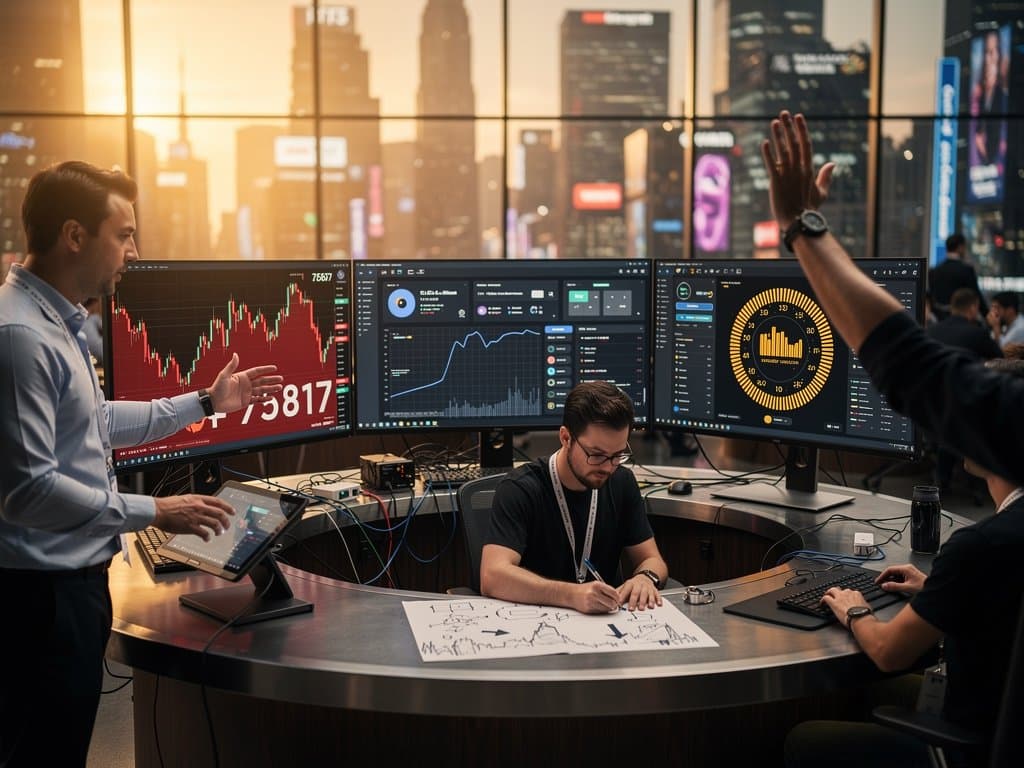 Trading screens show Claude Design prototypes, BTC at $75K, Fear Index 27 on busy floor