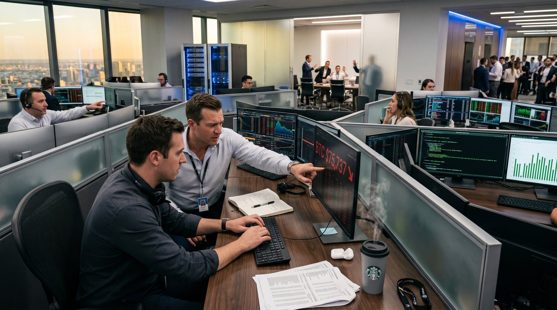 Trading screens show BTC at $75,737 drop and Ruby path optimization code with performance graphs on modern desk