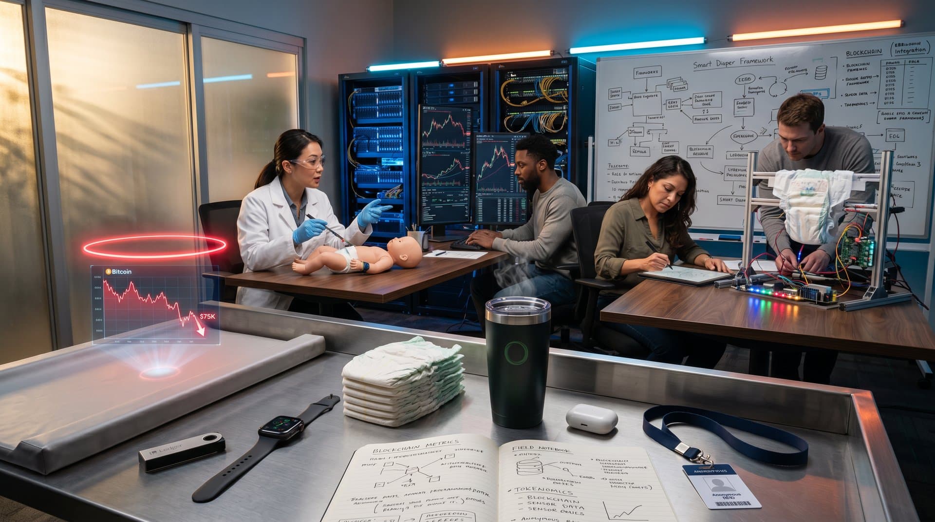 High-tech nursery with crypto wallet, smartwatch, diapers, and holographic BTC chart on changing table amid gadget prototypes